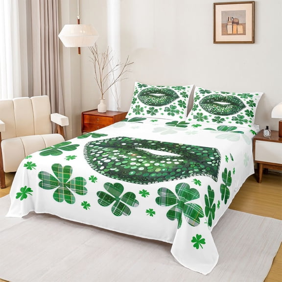 Feelyou Spring Lucky Shamrock Twin Sheet Sets, Green Fashion Lips Bedding, 3-Piece