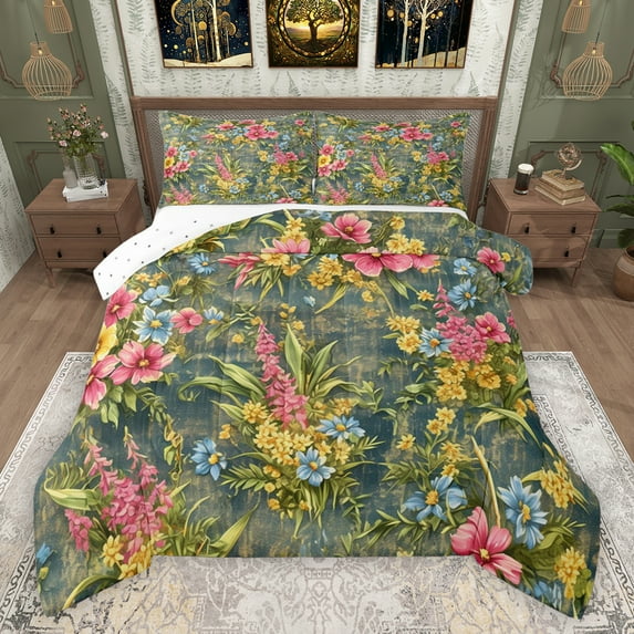 Feelyou Spring Plant Botanical Full Size Comforter Sets, Spring Flower Floral Bedding Comforter Set, Vintage French Style Reversible Bedding Sets, Ultra Soft Bedroom Decor, 3-Piece