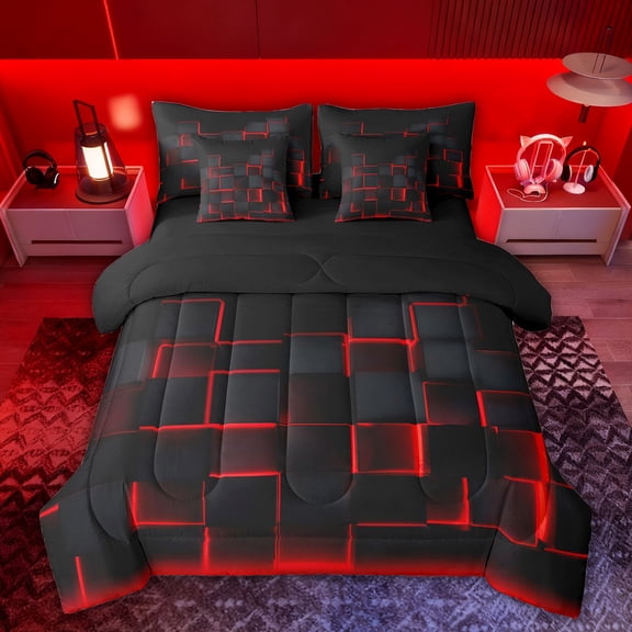 Feelyou Square Abstract Child Twin Bedding Sets 7pcs, Red Rectangle Bedding Comforter Set