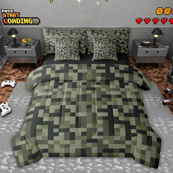 Feelyou Square Abstract Twin Bedding Sets 7pcs, Pixel Grid Miners Bedding Comforter Set