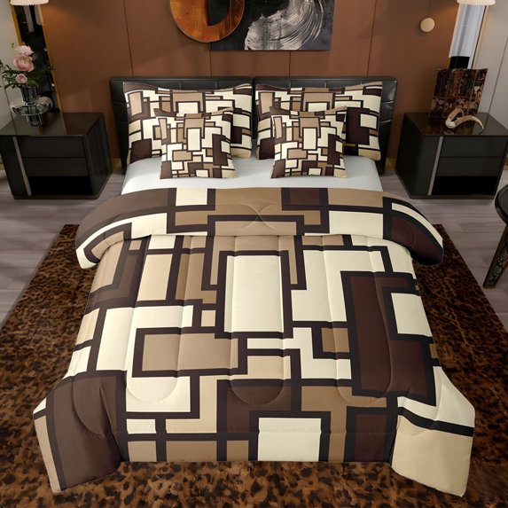 Feelyou Square Adult Bedding Comforter Set 7pcs, Brown Abstract Ombre King Bedding Sets