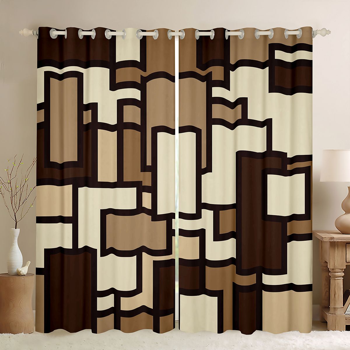 Feelyou Square Blackout Curtains Set of 2 (52x84 Each), Brown Abstract ...