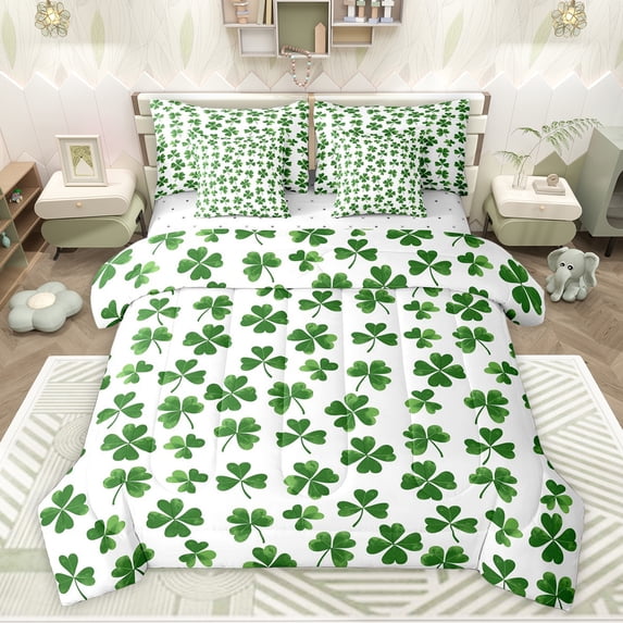 Feelyou St. Patrick's Day Bedding Comforter Set 7pcs, Green Shamrock Queen Bedding Sets