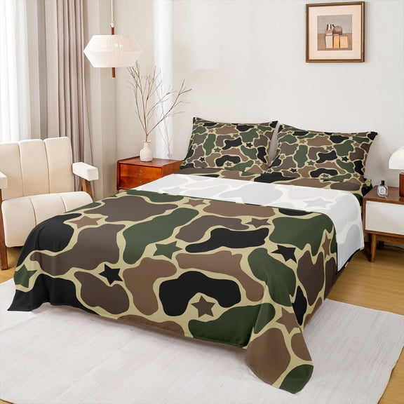 Feelyou Star Camo Full Size Sheets for Kids, Star Print Bed Sheets, Green, 4pcs
