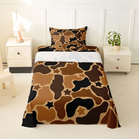 Feelyou Star Camo Twin Sheet Sets for Kids, Star Print Bedding for Bedroom, Brown, 3-Piece