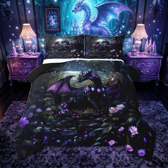 Feelyou Star Crystal Forest Dragon Queen Comforter Set for Men Women Kids, Magical Floral Wildlife Bedding Comforter Set, Black Purple, Black Reversible, 3pcs