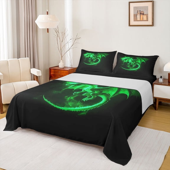 Feelyou Star Glowing Green Dragon Full Size Sheets for Boys Girls Kids, Magic Wildlife Bed Sheets, Green Black, 4pcs