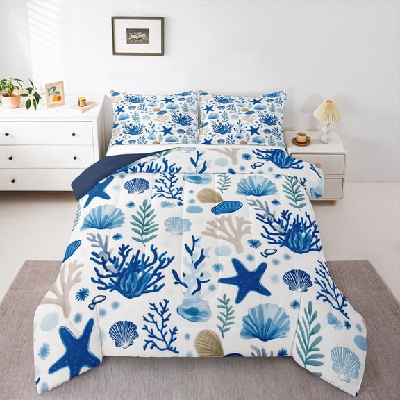 Feelyou Starfish Seashell Twin Comforter Sets, Blue Ocean Coral Bedding Set, 2pcs