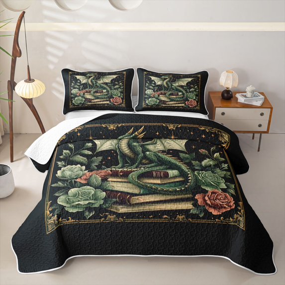 Feelyou Starry Book Rose Dragon Quilt King for Men Women, Gothic Vintage Animal King Coverlet Set, Green Black, 3 Pieces