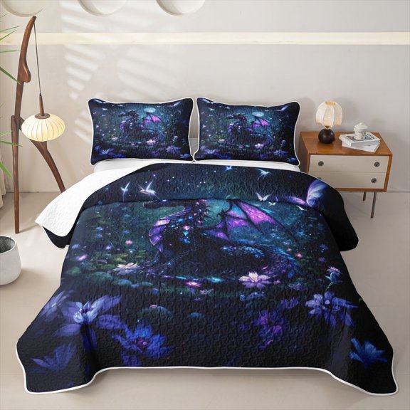Feelyou Starry Night Butterfly Dragon Bed Spread Queen for Men Women, Mystic Floral Wildlife Queen Coverlet Set, Purple, 3-Piece
