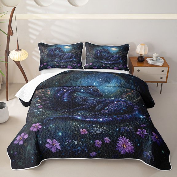 Feelyou Starry Sky Forest Dragon Bed Spread Queen for Men Women, Prehistoric Wildlife Queen Coverlet Set, Blue Purple, 3 Pieces