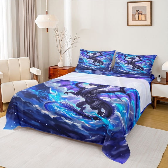 Feelyou Starry Sky Glowing Purple Cloud Dragon Queen Sheet Sets for Men Women Kids, Wildlife Bed Set, Blue Purple, 4pcs
