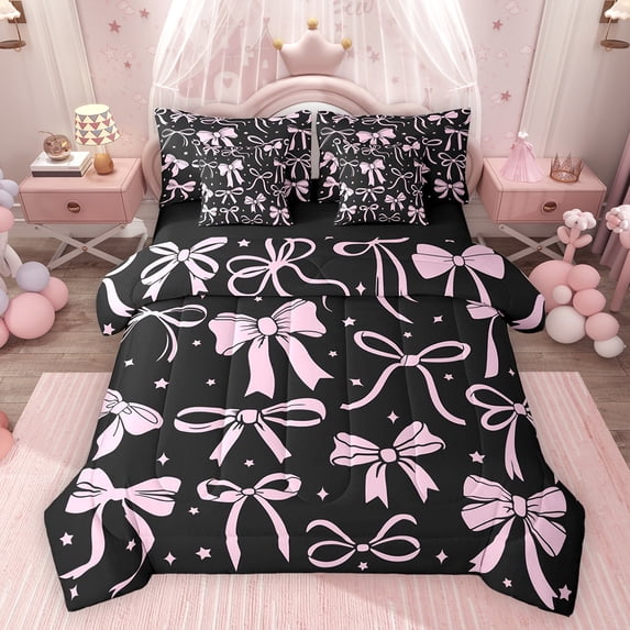 Feelyou Stars Bowknot Bedding Comforter Set 7 Pieces, Black Pink Cartoon Full Bedding Set