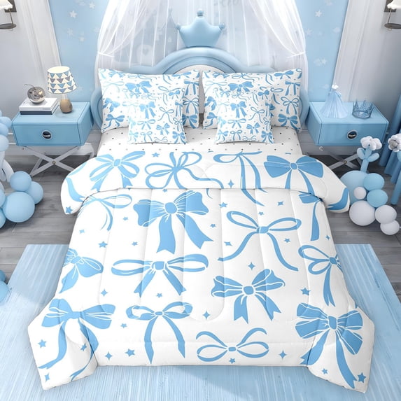 Feelyou Stars Bowknot Bedding Comforter Set 7 Pieces, White Blue Cartoon Full Bedding Set