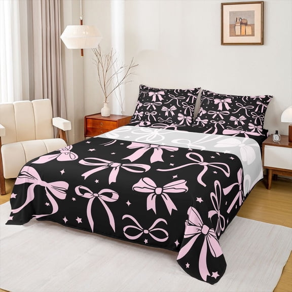 Feelyou Stars Bowknot Teens Bed Sheets, Black Pink Cartoon King Sheets, 4-Piece