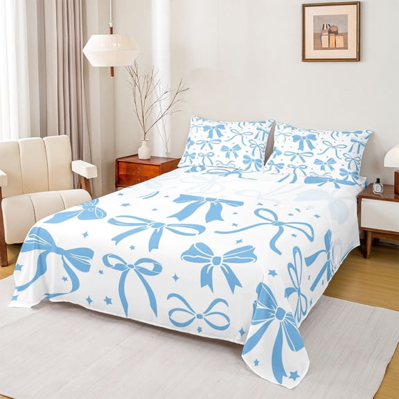 Feelyou Stars Bowknot Teens Twin Sheet Sets, White Blue Cartoon Bedding, 3-Piece
