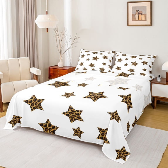 Feelyou Stars Kids Full Size Sheets, Fashion Leopard Print Bed Sheets, 4pcs