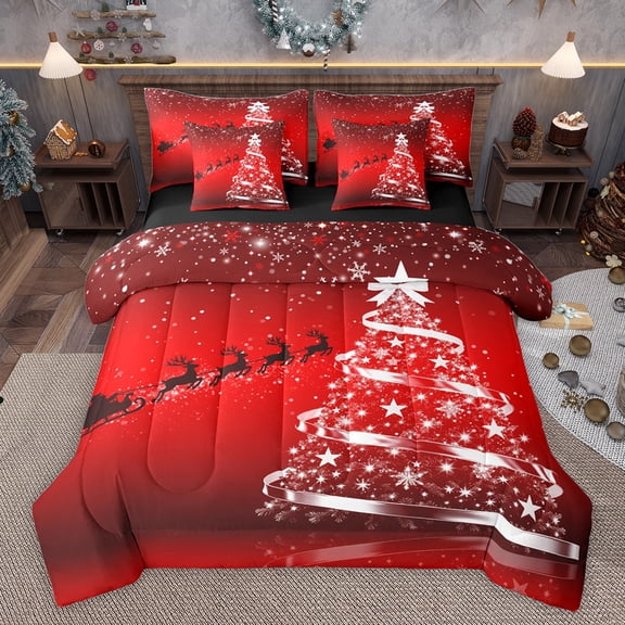 Feelyou Stars Xmas Tree Twin Bedding Sets 7-Piece for Girl, Glitter Winter Snowflake Bedding Comforter Set, Fashion Western Festival Reversible Sheet Sets, Microfiber Bedroom Decor