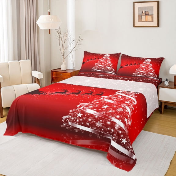 Feelyou Stars Xmas Tree Twin Sheet Sets for Girl, Glitter Winter Snowflake Twin Fitted Sheet, Fashion Western Festival Flat Sheet, Microfiber Bedroom Decor, 3pcs