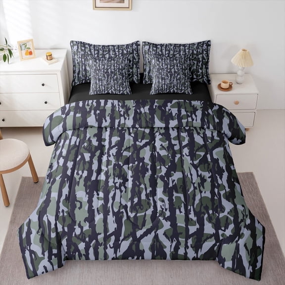 Feelyou Steel Blue Camouflage Twin Bedding Sets 7-Piece for Teen, Cartoon Bedding Comforter Set, Abstract Geometric Reversible Sheet Sets, Breathable Home Decor