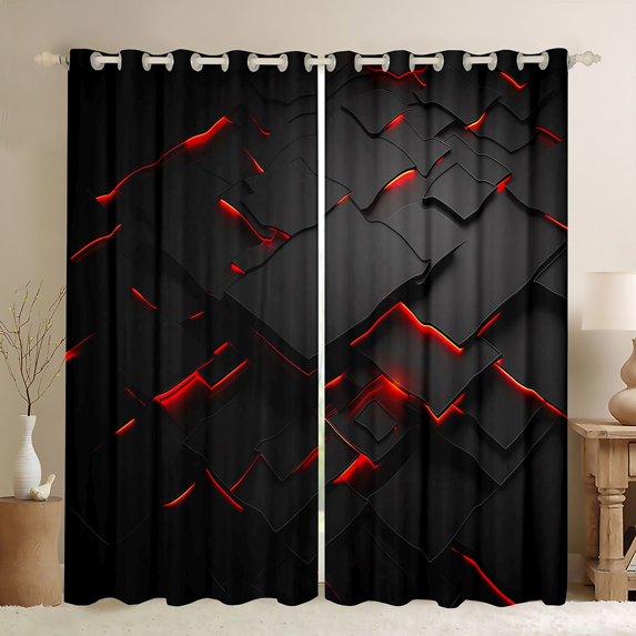 Feelyou Stereoscopic Curtains Pack of 2 (42x84 Each), Black Red Square Curtains Blackout