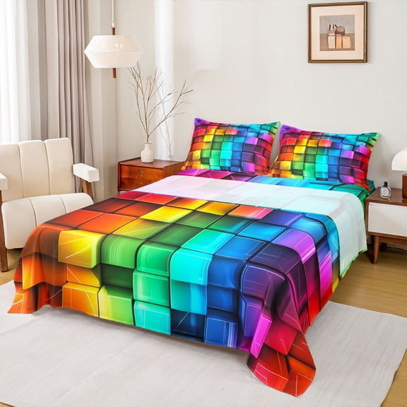 Feelyou Stereoscopic Square Teens Bed Sheets, Colorful Pixelate Miner King Sheets, Gaming Gamer Sheet Set, Ultra Soft Bedroom Decor, 4-Piece