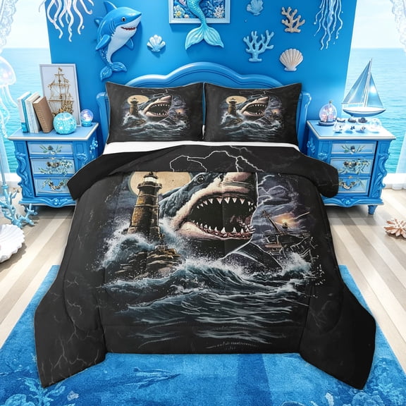 Feelyou Storm Lighthouse Shark Sea Queen Comforter Set for Men Boys, Boat Nautical Marine Wildlife Bedding Comforter Set, Black Blue, Black Reversible, 3pcs
