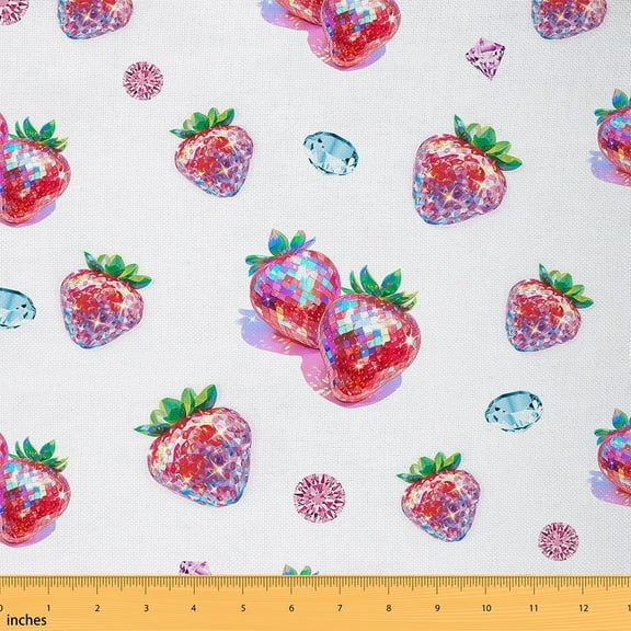 Feelyou Strawberry Fabric by the Yard 1 Yard for Teens, Glitter Diamond Home Decor Fabric by the Yard, Cartoon Fruit Sewing Fabric, Ultra Soft Home Decor