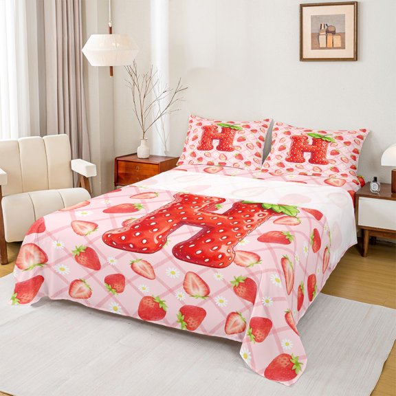 Feelyou Strawberry H Initial Queen Sheet Sets for Girls, Fruit Flower Bed Set, Red Pink, 4pcs
