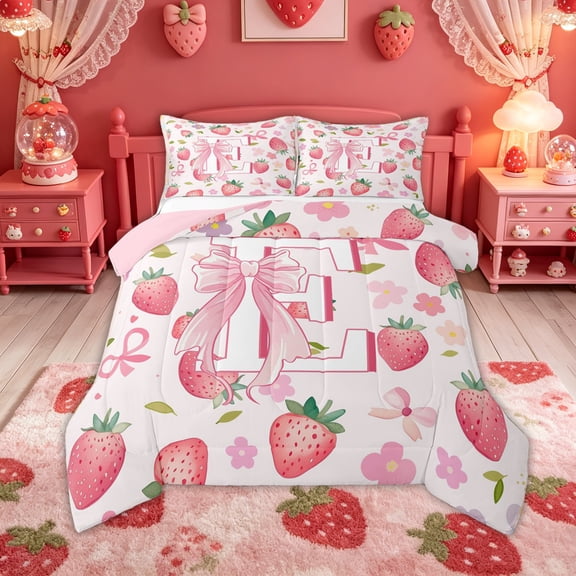 Feelyou Strawberry Letter E Queen Comforter Set for Girls, Floral Print Bedding Comforter Set, Pink, Pink Reversible, 3pcs