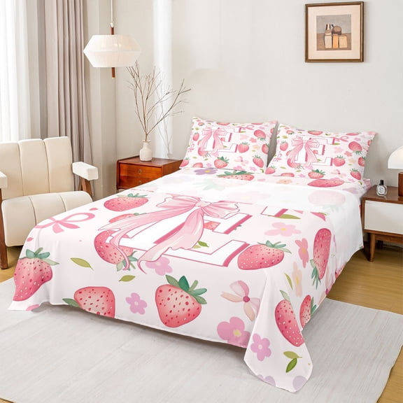 Feelyou Strawberry Letter E Queen Sheet Sets for Girls, Floral Print Bed Set, Pink, 4pcs