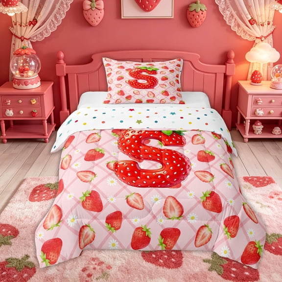 Feelyou Strawberry Letter S Twin Comforter Sets for Kids, Princess Buffalo Bedding Set for Bedroom, Pink, Polkadot Reversible, 2-Piece