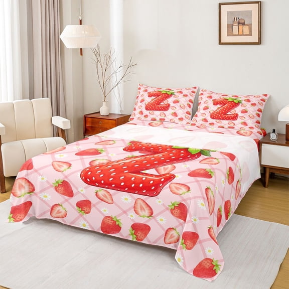 Feelyou Strawberry Letter Z Bed Sheets for Kids, Princess Buffalo King Sheets for Bedroom, Pink, 4pcs
