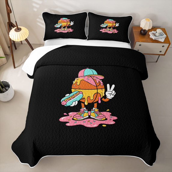 Feelyou Streetwear Hotdog Basketball Quilt King for Boys, Drip Ice Crean Donut King Coverlet Set, 3-Piece