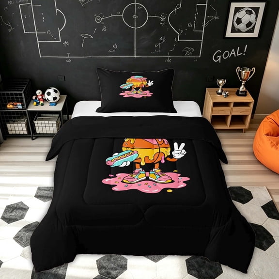 Feelyou Streetwear Hotdog Basketball Twin Comforter Sets for Boys, Drip Ice Crean Donut Bedding Set, Black Reversible, 2-Piece, 1 Comforter and 1 Pillowcase