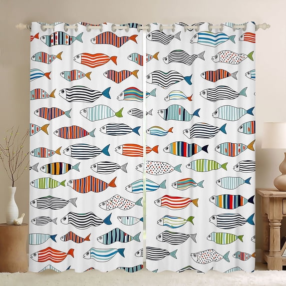 Feelyou Stripe Cartoon Fish Ocean Blackout Curtains Set of 2 (52x84 Each) for Kids Boys Girls, Simple Line Marine Animal Window Curtains