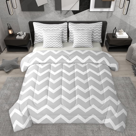 Feelyou Stripe Line Waves Bedding Comforter Set 7pcs, Grey Abstract King Bedding Sets