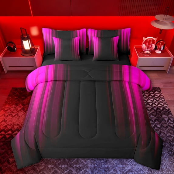 Feelyou Stripes Abstract Twin Bedding Sets 7pcs, Pink Fashion Lines Bedding Comforter Set