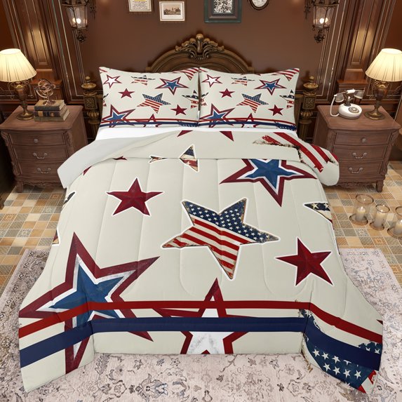 Feelyou Stripes Stars Flag Full Size Comforter Sets, Fourth of July Bedding Comforter Set, Teens Kids Boys Girls Reversible Bedding Sets, Ultra Soft Bedroom Decor, 3-Piece
