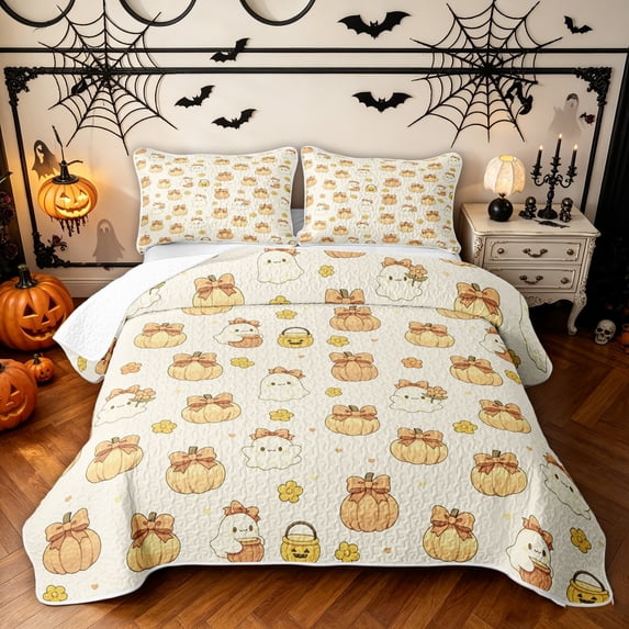 Feelyou Sugar Gothic Bow Ghost Quilt Full, Cartoon Pumpkin Flower Full Bedspread Sets, Cream Yellow, 3 Pieces, 1 Comforter and 2 Pillowcases