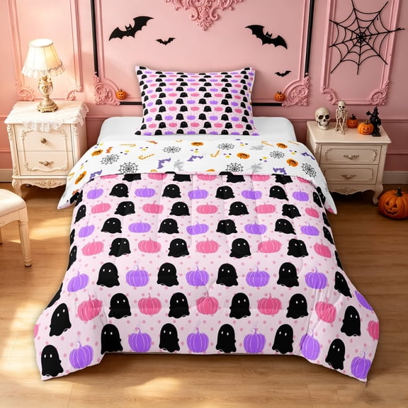 Feelyou Sugar Gothic Ghost Twin Comforter Sets, Cartoon Pumpkin Bedding Set, Pink Purple, Halloween Reversible, 2 Pieces, 1 Comforter and 2 Pillowcases