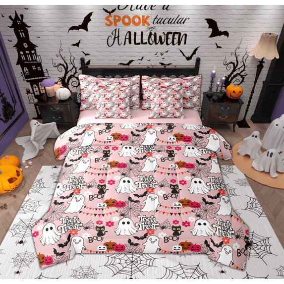 Feelyou Sugar Halloween Ghost Bedding Comforter Set 7-Piece for Child, Funny Pumpkin Spider Web King Bedding Sets, Cartoon Rustic Flower Reversible Bed Sheets, Lightweight Room Decor
