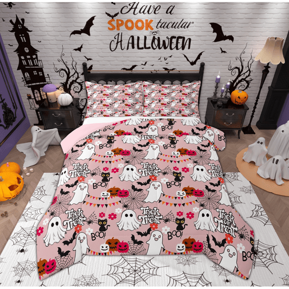 Feelyou Sugar Halloween Ghost Full Size Comforter Sets for Child, Funny Pumpkin Spider Web Bedding Comforter Set, Cartoon Rustic Flower Reversible Bedding Sets, Lightweight Room Decor, 3 Pieces