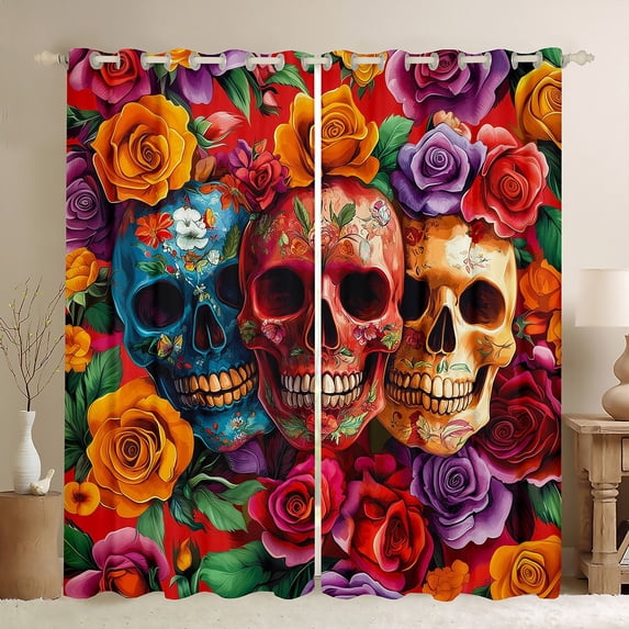 Feelyou Sugar Skull Black Out Curtains, Colorful Rose Flower Curtains Pack of 2 (42x63 Each), Tribal Rustic Western Bedroom Curtains, Window Curtains Room Decor