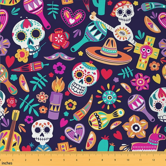 Feelyou Sugar Skull Girls Fabric by the Yard 1 Yard, Hippie Mandala Flower Room Decor Fabric by the Yard, Tribal Rustic Western Fabric for Sewing, Super Cozy Room Decor