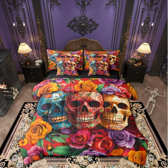 Feelyou Sugar Skull Twin Bedding Sets 7-Piece, Colorful Rose Flower Bedding Comforter Set, Tribal Rustic Western Reversible Sheet Sets, Lightweight Room Decor
