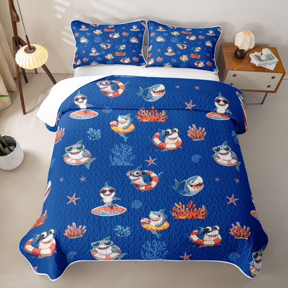 Feelyou Summer Beach Shark Quilt King for Boys Girls, Kawaii Holiday Coral Ocean King Coverlet Set, Navy Blue, 3 Pieces