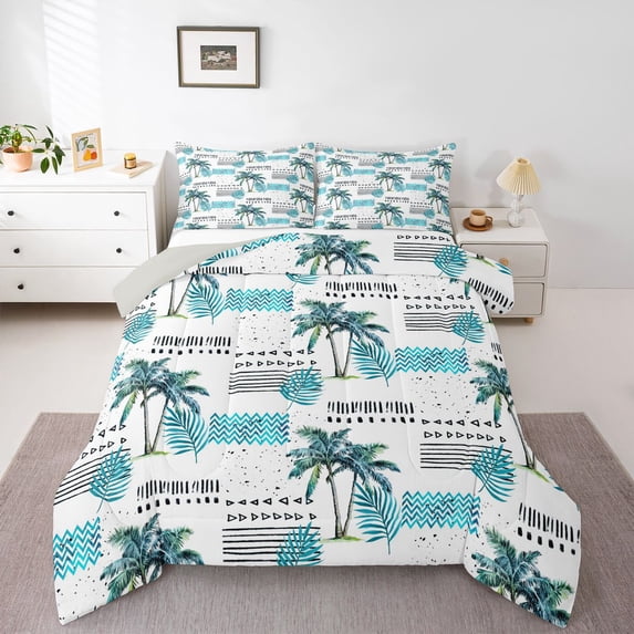 Feelyou Summer Coconut Tree Full Size Comforter Sets, Cyan Stripes Bedding Sets, 3pcs