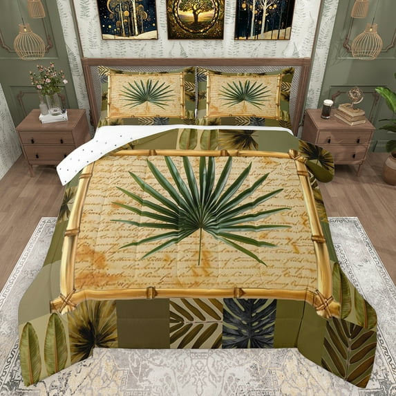 Feelyou Summer Leaf Plant Full Size Comforter Sets, Jungle Botanical Bedding Comforter Set, Rustic Farmhouse Plant Reversible Bedding Sets, Breathable Home Decor, 3-Piece