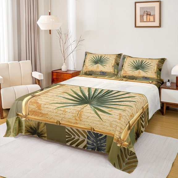 Feelyou Summer Leaf Plant Twin Sheet Sets, Jungle Botanical Twin Fitted Sheet, Rustic Farmhouse Plant Flat Sheet, Breathable Home Decor, 3-Piece